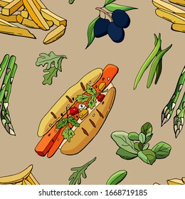 Patrón vegetariano de comida rápida. Perro caliente con zanahorias, patatas fritas, aceitunas, espinacas, arugula, judías verdes, espárragos. Ilustración de estilo caricatura. Fondo beige.
