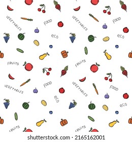 seamless vegetarian food pattern. Colored doodle vector with vegetarian food icons. Vintage food icons