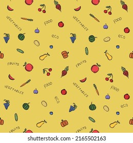 patrón de comida vegetariana sin costura. Vector de doodle de color con íconos de comida vegetariana. Iconos de comida de época