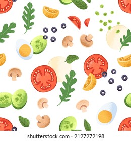 Seamless vegetarian food pattern. Endless background with vegetables, mushrooms, eggs, tomatoes, olives and greens. Repeating print with fresh ingredients, veggies. Colored flat vector illustration