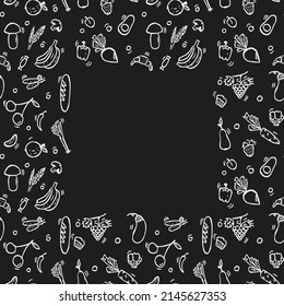 Seamless vegetarian food pattern with place for text. Doodle vector with vegetarian food icons on black background. Vintage vegetarian food illustration