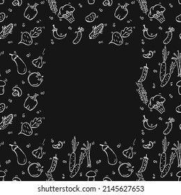 Seamless vegetarian food pattern with place for text. Doodle vector with vegetarian food icons on black background. Vintage vegetarian food illustration
