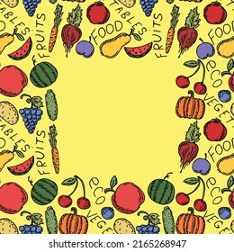 seamless vegetarian food pattern with place for text. Colored doodle vector with vegetarian food icons. Vintage food icons