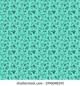 seamless vegetarian food pattern.Doodle vector with vegetarian food icons on blue background.Vintage food icons,sweet elements background for menu, cafe shop. 
