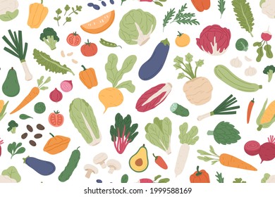 Seamless vegetarian pattern with healthy vegetables and fresh green food on white background. Repeatable texture design with different organic veggies for printing. Colored flat vector illustration