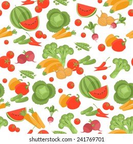 Seamless vegetarian vector pattern with different vegetables