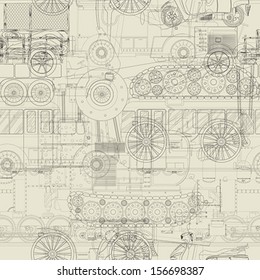 Seamless vehicles pattern, steampunk background