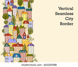 Seamless vertical banner background with rows of colorful cartoon houses. Vector Illustration