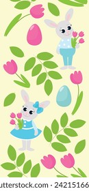 Seamless vertical banner. Washi Tape. Easter pattern of bunnies and tulips with decorative eggs in cartoon style.