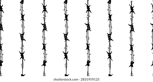 Seamless with vertical black barbed wire lines on white background, for security concepts, fence designs, warning posters, grunge graphics, textile prints, wrapping paper, wallpaper. Vector