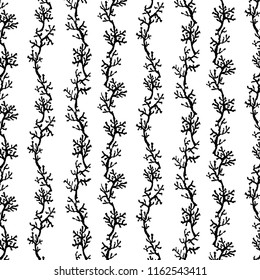 Seamless Vertical Black Coral Strings White Background Two-Tone Black And White Vector Pattern