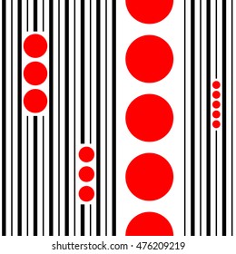 Seamless Vertical Black Stripe and Red Circle Pattern. Vector Minimal Background. 