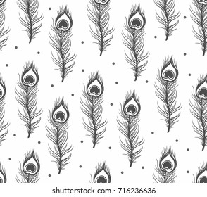 seamless vertical black and white peacock feather with polka dot