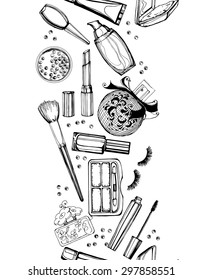 Borde de Vertical sin fisuras. Hermosa botella de perfume, sobre fondo lila acuarela. Fondo hermoso y de moda. Ilustración vectorial.