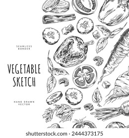 Seamless vertical border with farm vegetables with parsley and basil leaves vector engraved sketch. Hand drawn outline design ripe salad ingredient, natural healthy organic plant food