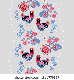 Seamless vertical border with magic chickens, flower garlands, roses and paisley. Print for fabric, wallpaper.
