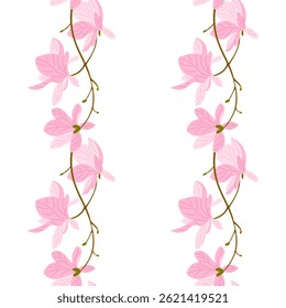 Seamless vertical border pattern with pink magnolia flowers and curved branches. Symbol of elegance, springtime renewal and natural beauty in a delicate floral arrangement