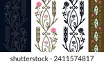 Seamless vertical border pattern set vintage floral background vector graphic design. Vine flowers motif decorative ornament. Digital illustration high resolution image. Pink, black blue, green colors