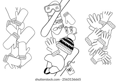 Seamless vertical border set of winter clothes gloves, mittens and ski equipment. Graphic line vector illustration. Template design for flyers, banners, booklets, brochures etc. 
