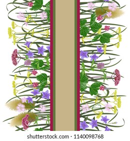 Seamless vertical border with seven herbs of autumn equinox. Japanese wallpaper, repeat backdrop for Shubun no hi greeting, birthday cards, wedding inviration, covers and posters, textile prints.