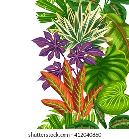 Seamless vertical border with tropical plants and leaves. Background made without clipping mask. Easy to use for backdrop, textile, wrapping paper.