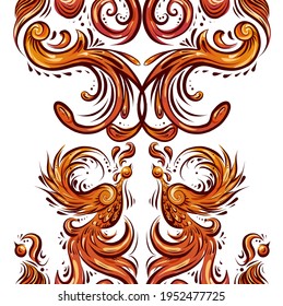 Seamless vertical border with vintage phoenix with curls and feathers. background of orange birds with tails and wings on a white backdrop. Bird damask frieze.