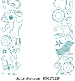 Seamless vertical borders of beach summer holidays accessories, cartoon illustration. Vector