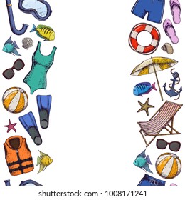 Seamless vertical borders of beach summer holidays accessories, sketch cartoon illustration. Vector