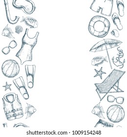 Seamless vertical borders of beach summer holidays accessories, sketch cartoon illustration. Vector