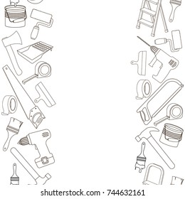 Seamless vertical borders of building repair tools, line cartoon illustration of repair tools. Vector