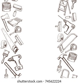 Seamless vertical borders of building repair tools, sketch illustration of repair tool. Vector