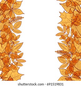 Seamless vertical borders of colorful transparent skeleton autumn leaves, hello autumn. Vector
