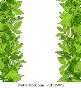 Seamless vertical borders with colorful transparent skeleton green leaves, natural decoration. Vector