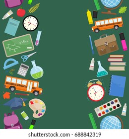 Seamless vertical borders with different school supplies on a green chalkboard background. Decoration elements for Back to school holiday. Vector