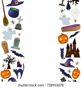 Seamless vertical borders of Halloween icons for decoration. Colorful scary Halloween illustration. Vector