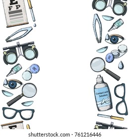 Seamless vertical borders of medical optometry accessory for correct vision - contact lens,  solution, lens case eye test chart, glasses. Vector