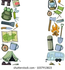 Seamless vertical borders of travel equipment. Accessories for camping and camps. Colorful sketch cartoon illustration of camping and tourism equipment. Vector
