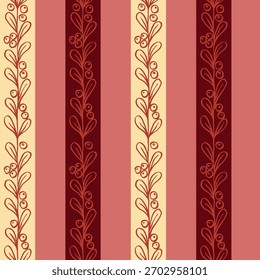 Patrón floral de Navidades de Vertical sin costuras con hojas y bayas en colores beige, rosa y rojo