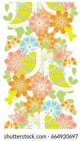 Seamless vertical colorful bright pattern with flowers and birds stock vector illustration