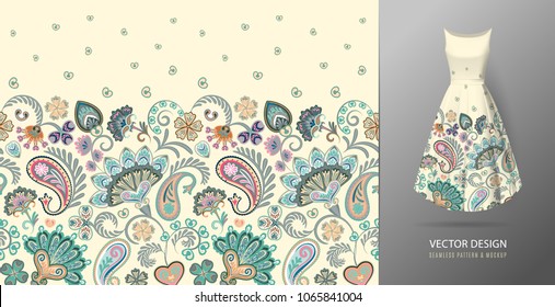Seamless vertical fantasy flowers border pattern. Hand draw floral background on dress mockup. Vector. Traditional eastern pattern for textiles, wallpapers, decor etc. Pastel blue pink beige on white