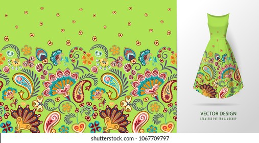 Seamless vertical fantasy flowers border pattern. Hand draw floral background on dress mockup. Vector. Traditional eastern pattern for textiles, wallpapers, decor etc. Bright colors on light green.