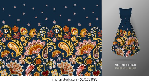 Seamless vertical fantasy flowers border pattern. Hand draw floral background on dress mockup. Vector. Traditional eastern pattern for textiles, wallpapers, decor. Hot red orange colors on dark blue