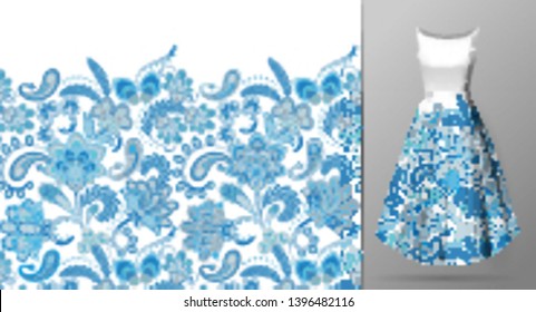 Seamless vertical fantasy flowers border pattern. Hand draw floral background on dress mockup. Vector. Traditional eastern pattern for textiles, wallpapers, decor etc. Blue on white