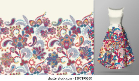 Seamless vertical fantasy flowers border pattern. Hand draw floral background on dress mockup. Vector. Traditional eastern pattern for textiles, wallpapers, decor. Pastel on white.