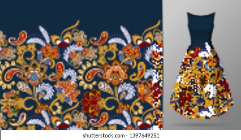 Seamless vertical fantasy flowers border pattern. Hand draw floral background on dress mockup. Vector. Traditional eastern pattern for textiles, wallpapers, decor. Bright colors on dark blue.