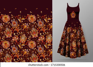 Nahtlose vertikale Fantasy Blumen grenzt Muster. Hand zeichnen Sie floralen Hintergrund auf Kleid Muster auf. Vektorillustration. Traditionelles östliches Muster für Textilien, Tapeten, Dekoration. Heiße rote orangefarbene Farben auf dunkelvinem Hintergrund
