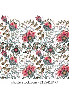 Seamless vertical fantasy flowers border pattern. Hand draw floral background. Vector. Traditional eastern pattern for textiles, wallpapers, decor etc. Gentle colors on white