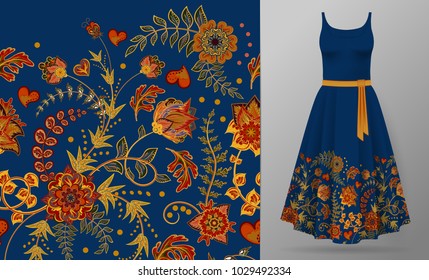 Seamless vertical fantasy flowers. Hand draw floral pattern on dark blue dress mockup. Vector. Hot eastern colors on navy blue.