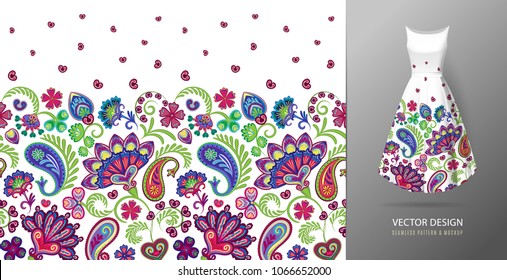 Seamless vertical fantasy flowers pattern. Hand draw floral background on dress mockup. Vector. Traditional eastern pattern for textiles, wallpapers, decor etc. Bright ornate pattern on white.