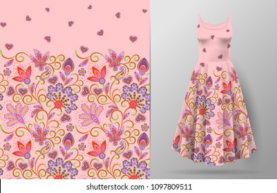 Seamless vertical fantasy flowers pattern. Hand draw floral background on dress mockup. Vector. Traditional eastern pattern for textiles, wallpapers, decor etc. Delicate pink